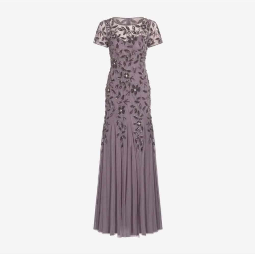 ADRIANNA PAPELL FLORAL BEADED GODET GOWN COLOR MOONSCAPE